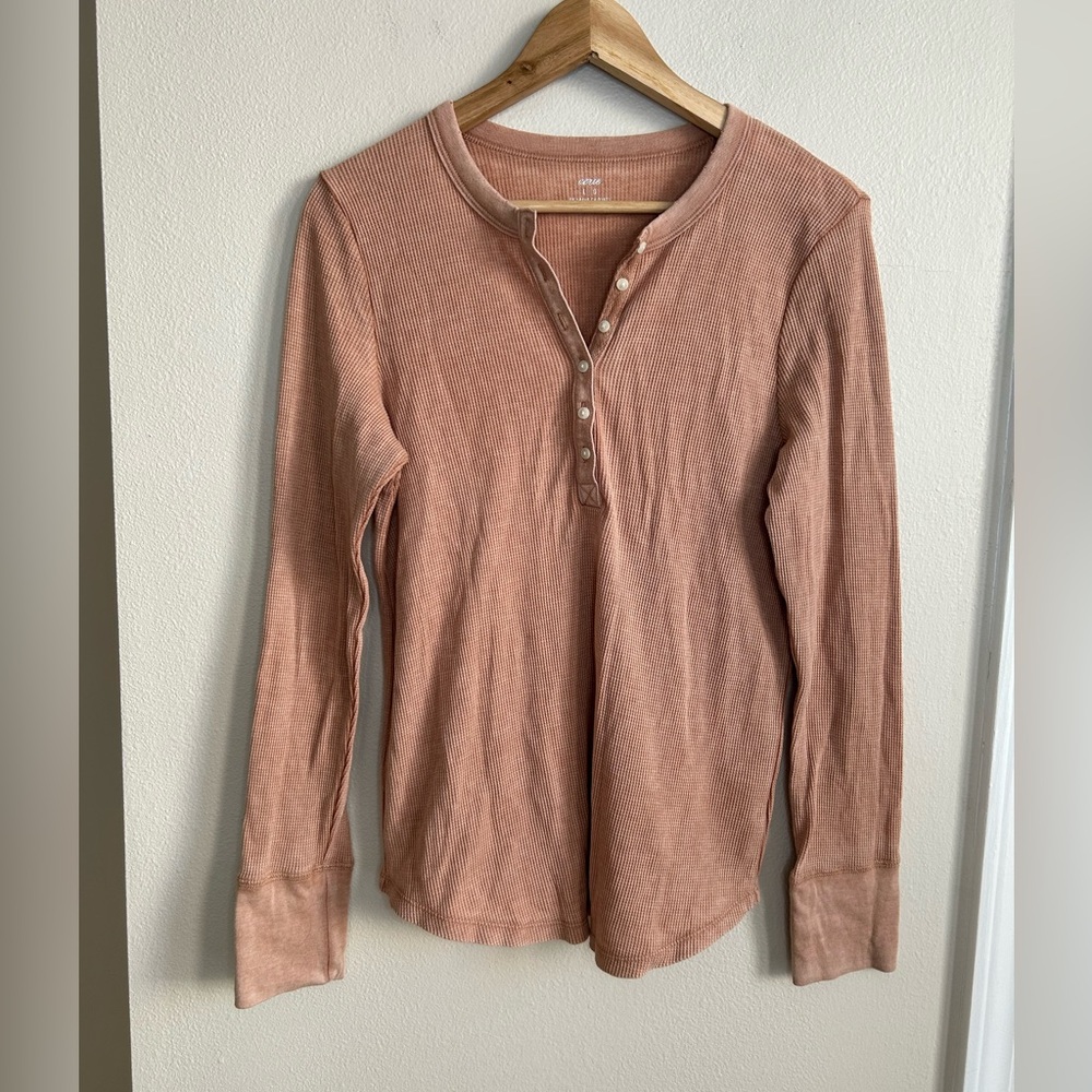 Aerie Waffle Knit Rib Long Sleeve V Neck Henley T-Shirt Size L Large